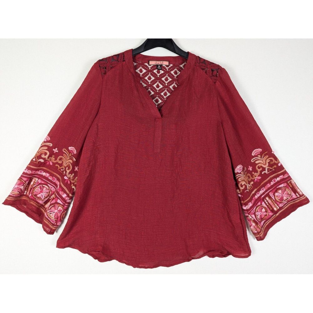 Olive Hill Red Tunic Top‎ Women M Embroidered Bell Sleeve Boho Peasant Lace Back